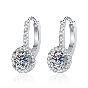 S925 sterling silver moissanite halo earrings featuring round brilliant cut center stones