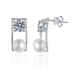S925 sterling silver geometric stud earrings with 1 carat moissanite and white pearl detail
