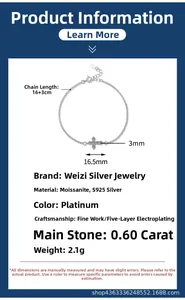 Close-up of S925 silver bracelet with 1 carat Moissanite cross pendant and adjustable chain