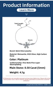Detail of adjustable S925 silver bracelet with 0.5ct moissanite flower and 25cm length