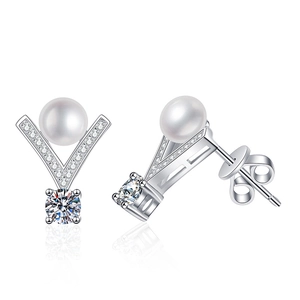 Elegant V-shaped S925 silver stud earrings with freshwater pearls and Moissanite accents