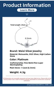 Detail view of 925 silver sunflower bracelet with 1ct moissanite and adjustable chain