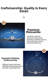 Detail of adjustable S925 sterling silver bracelet featuring a moissanite flower charm