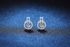 Detail of S925 sterling silver stud earrings with sparkling round moissanite center stones