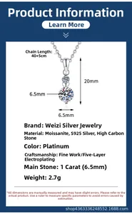 Dimensioni dettagliate del ciondolo in moissanite 1ct argento S925 con catena da 40+5cm