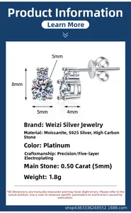 Detail specifications of S925 silver moissanite stud earrings showing 5mm stone and dimensions
