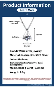 Detailed specs of S925 silver necklace with 1 carat moissanite pendant measuring 16x11mm