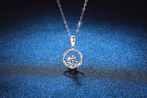 Macro view of 1ct Moissanite pendant with Mobius ring design and S925 silver chain
