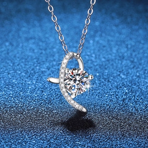 925 Sterling Silver Moissanite Necklace Round Brilliant Cut Pendant For Women Asymmetric Bowknot Design Luxury Wedding Jewelry