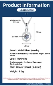 Détails du collier en argent S925 avec pendentif moissanite 1ct et dimensions précises