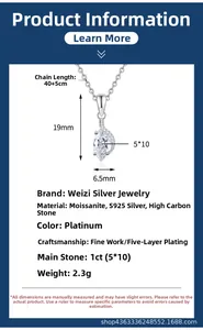 Detail shot of 1ct marquise cut moissanite pendant with size measurements and 925 silver specs