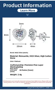 Macro detail of S925 silver heart stud earrings featuring 1 carat Moissanite with dimensions