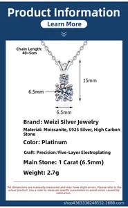 Detailed dimension chart for 1ct Moissanite S925 silver necklace with size annotations