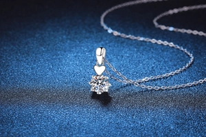 Detailed macro view of S925 silver heart necklace with a 1-carat moissanite pendant