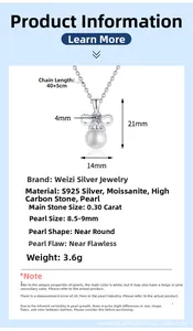 Size chart for moissanite pearl bow necklace with S925 silver specs and dimensions