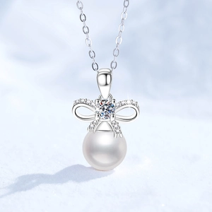 925 Sterling Silver Moissanite Bow Pendant Necklace For Women With Freshwater Pearl Elegant Jewelry Anniversary Birthday Gift