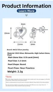 Detailed size specifications for S925 silver heart earrings with freshwater pearls