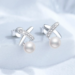 925 Sterling Silver Freshwater Pearl Stud Earrings For Women Elegant X Shape Moissanite Inlaid Cross Design Jewelry Gift