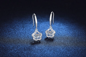 Detailed view of S925 sterling silver flower drop earrings with moissanite stones