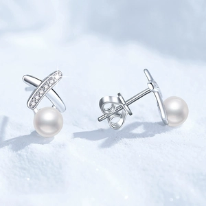 Elegant S925 silver X-shaped earrings with freshwater pearl and moissanite accents