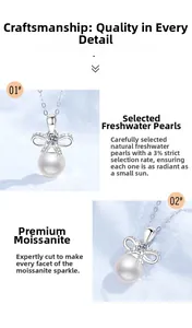 Detail of s925 silver bow pendant necklace with natural freshwater pearl and moissanite