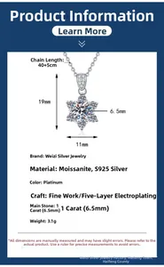 Detailed specifications of S925 silver snowflake necklace with 1ct moissanite pendant