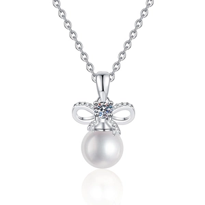 Elegant s925 silver necklace with moissanite bow pendant and white freshwater pearl
