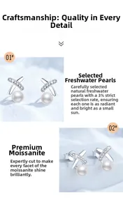 Macro detail of X-shaped S925 silver stud earring with freshwater pearl and moissanite stones