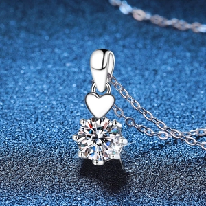 S925 sterling silver heart necklace featuring a 1ct round moissanite in six-prong setting