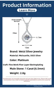 Detail of S925 silver necklace with 1ct water drop moissanite pendant and size specs