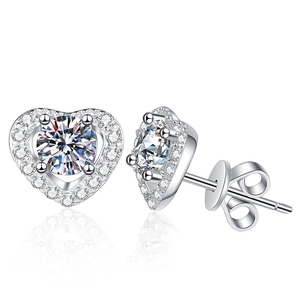 S925 sterling silver heart halo stud earrings with brilliant D color moissanite stones