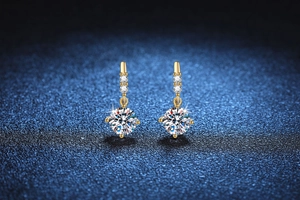 Macro detail of 1 carat moissanite earring with gold finish and polished three-stone stud