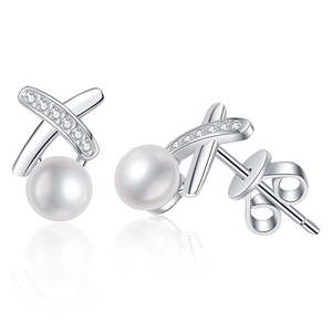 Elegant S925 sterling silver X-shaped freshwater pearl earrings with Moissanite accents