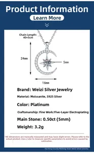 Detailed specs of S925 silver star moon necklace with 0.5ct moissanite dimensions