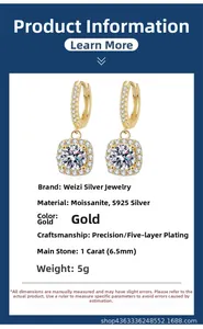Detail view of 1ct moissanite earrings with S925 silver base in 14k gold finish