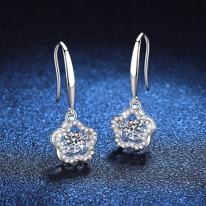 S925 Sterling Silver plum flower hook earrings with sparkling 1 carat moissanite stones