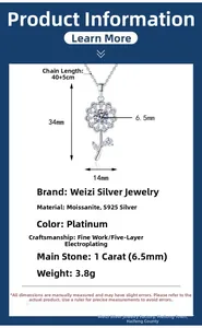 Macro detail of S925 silver sunflower necklace with 1ct moissanite and dimensions