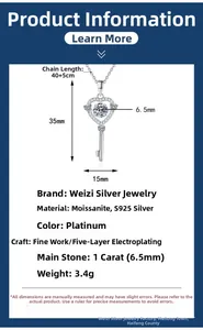 Detailed size specifications for S925 silver heart key pendant with 1ct moissanite
