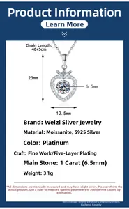 Détail du pendentif cœur en argent S925 avec moissanite 1ct et chaîne de 40+5cm