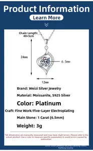 Detailed size chart for S925 silver heart necklace with 1ct moissanite pendant