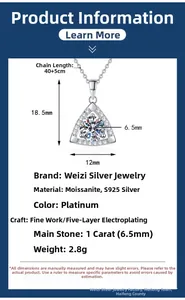 Dettaglio ciondolo Moissanite 1ct con specifiche in argento S925 e misure del prodotto
