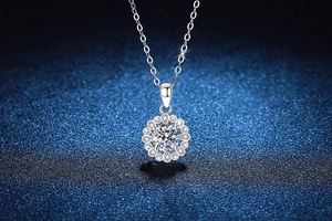 Vue détaillée du pendentif tournesol en argent S925 avec pierres de moissanite