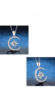 Macro detail of S925 silver crescent moon and star pendant with sparkling moissanite stones