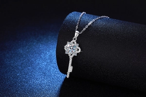 Detailed view of S925 sterling silver four-leaf clover key pendant with moissanite sparkle