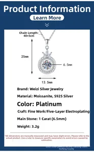 Detailed specs of S925 silver crown necklace featuring a 1ct Moissanite pendant size 25x13.5mm
