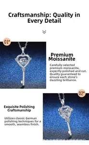 Macro detail of S925 sterling silver heart key pendant with 1ct moissanite gemstone