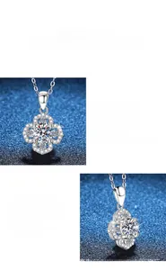 Macro detail of S925 silver four-leaf clover pendant with 1 carat moissanite gemstone