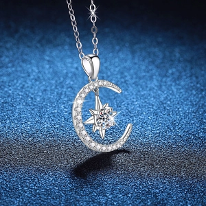 S925 sterling silver star and moon pendant necklace with brilliant Moissanite stone