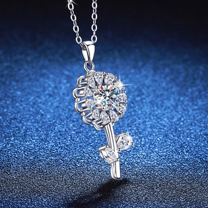 Elegant S925 sterling silver sunflower key pendant necklace with moissanite stones