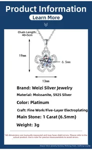 Detailed size specifications for flower-shaped S925 silver moissanite pendant necklace